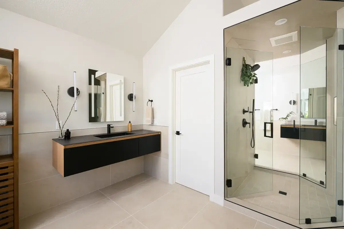 Primary bathroom remodel with freestanding tub and custom tile work at Johns Creek GA home