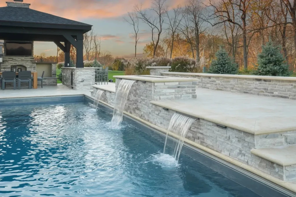Sunset infinity-edge swimming pool with stacked-stone scupper waterfall and outdoor kitchen - Duluth, GA pool builder | Viral Spark Marketing