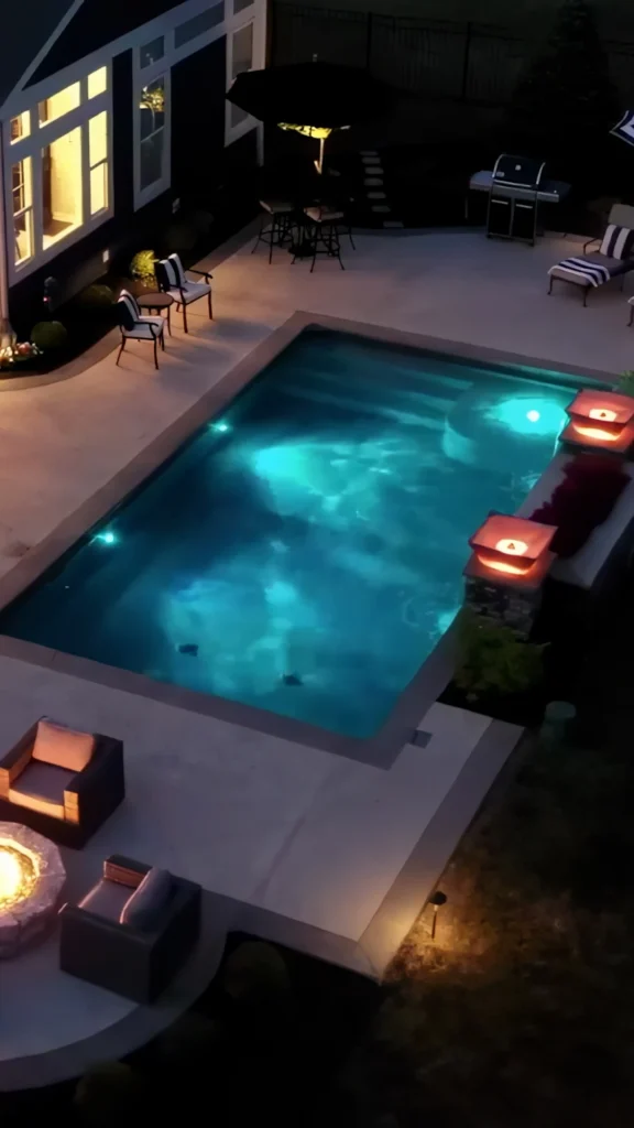 Pool patio with outdoor kitchen and shaded seating area - Johns Creek, GA pool builder | Viral Spark Marketing
