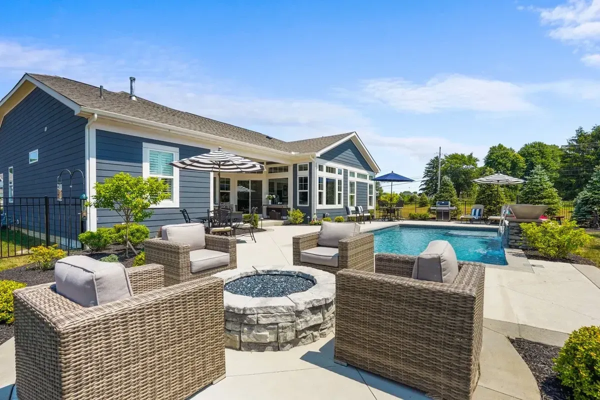 Johns Creek backyard pool with patio and fire ring at twilight