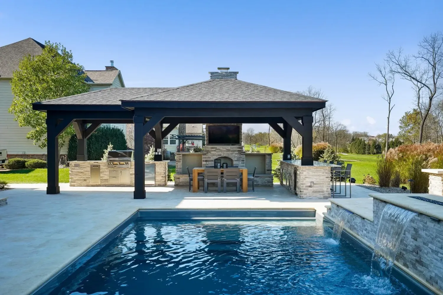 Marietta pool patio with outdoor seating in East Cobb